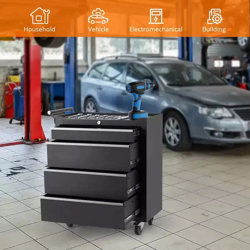 Chariot à outils mobile à 4 tiroirs avec serrure à clé et revêtements, armoire à outils roulante robuste pour garage et atelier