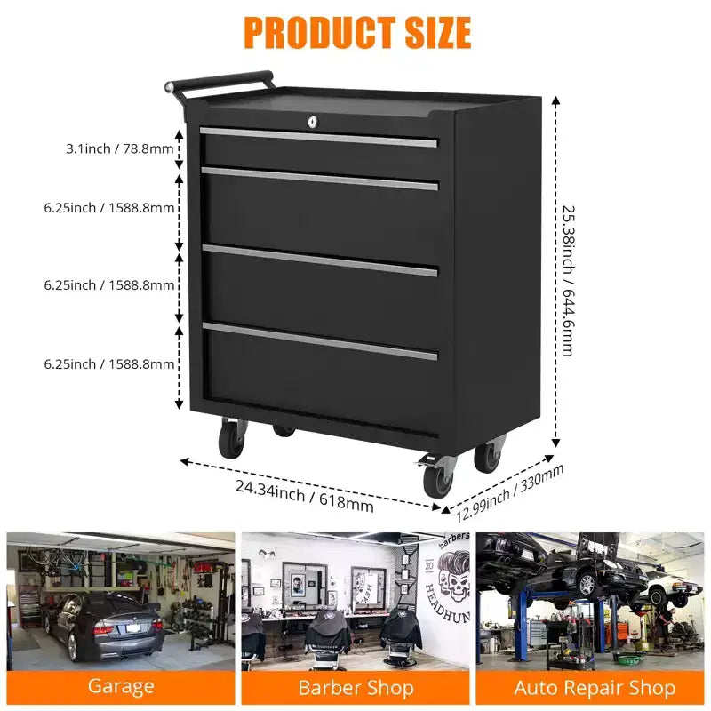 Chariot à outils mobile à 4 tiroirs avec serrure à clé et revêtements, armoire à outils roulante robuste pour garage et atelier