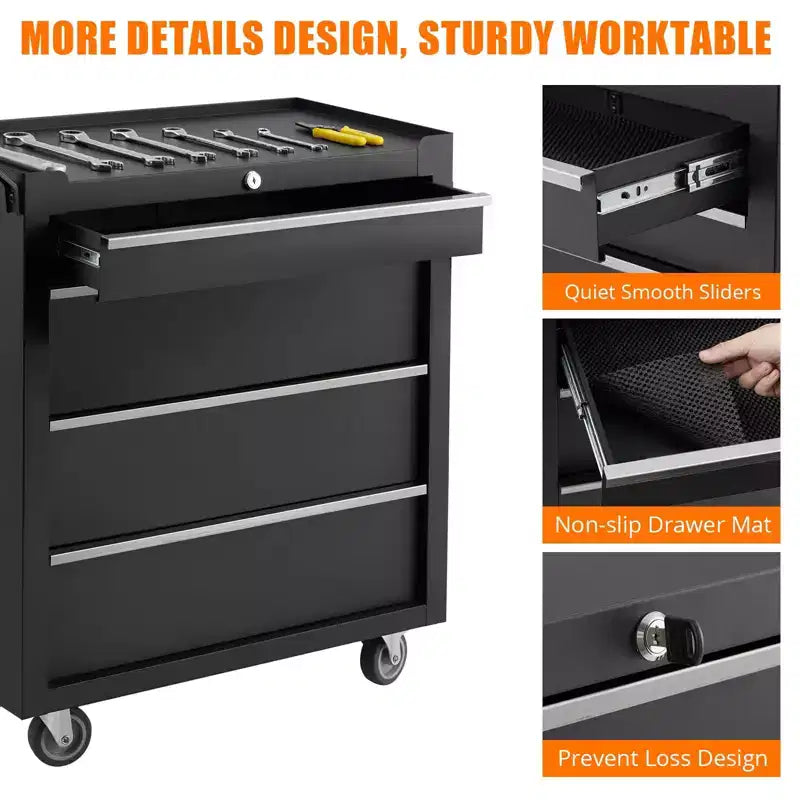 Chariot à outils mobile à 4 tiroirs avec serrure à clé et revêtements, armoire à outils roulante robuste pour garage et atelier