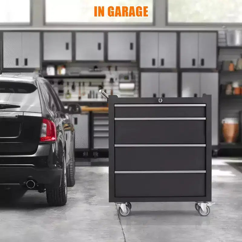 Chariot à outils mobile à 4 tiroirs avec serrure à clé et revêtements, armoire à outils roulante robuste pour garage et atelier