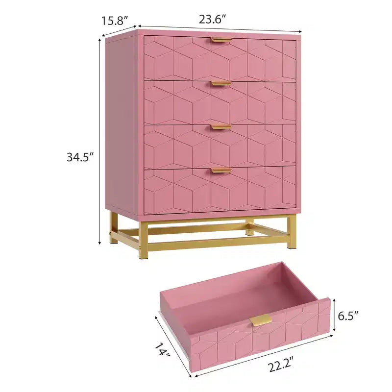 Commode rose 4 tiroirs avec poignées dorées, meuble de rangement moderne pour chambre, couloir et entrée