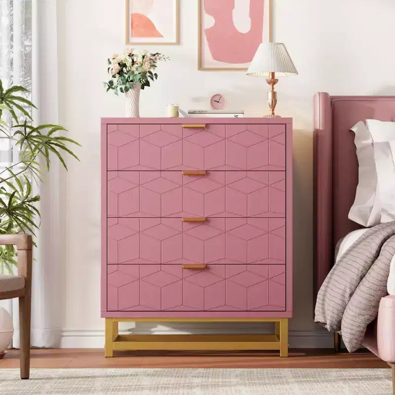 Commode rose 4 tiroirs avec poignées dorées, meuble de rangement moderne pour chambre, couloir et entrée