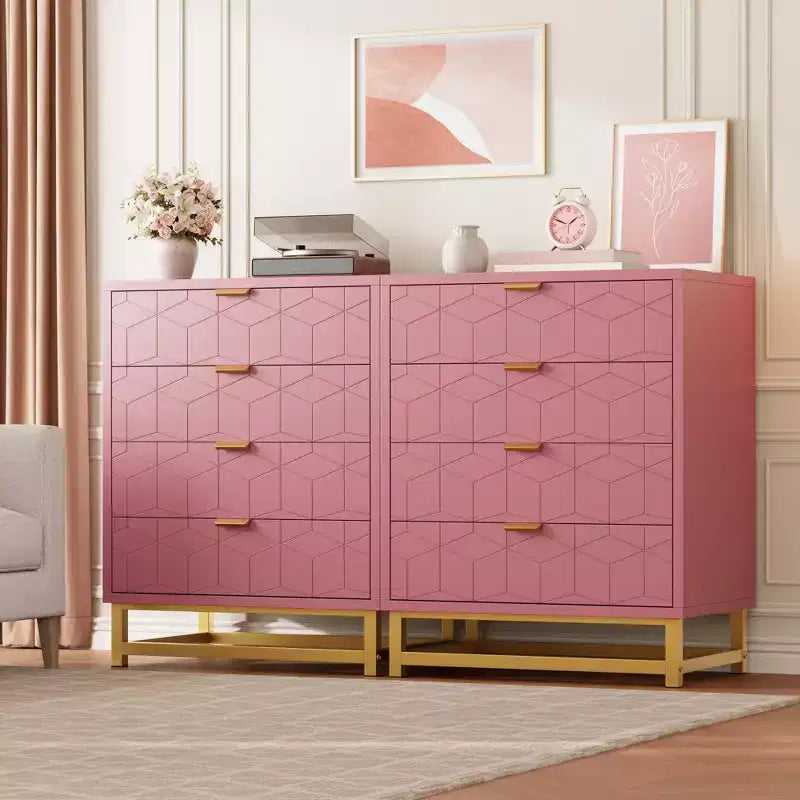 Commode rose 4 tiroirs avec poignées dorées, meuble de rangement moderne pour chambre, couloir et entrée