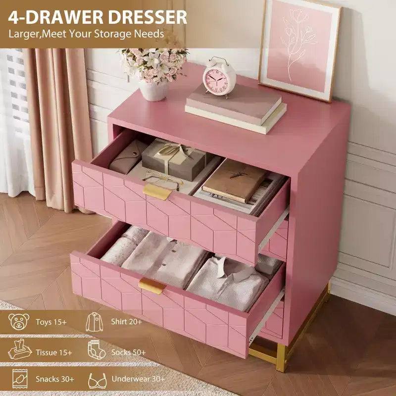 Commode rose 4 tiroirs avec poignées dorées, meuble de rangement moderne pour chambre, couloir et entrée