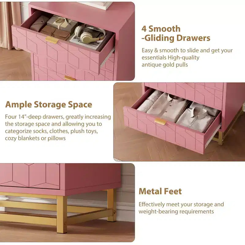 Commode rose 4 tiroirs avec poignées dorées, meuble de rangement moderne pour chambre, couloir et entrée