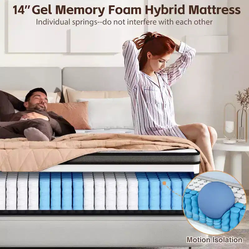 Matelas hybride 14 po King en boîte, mousse mémoire de gel et ressorts ensachés, fermeté moyenne, lit rafraîchissant pour dormeurs latéraux