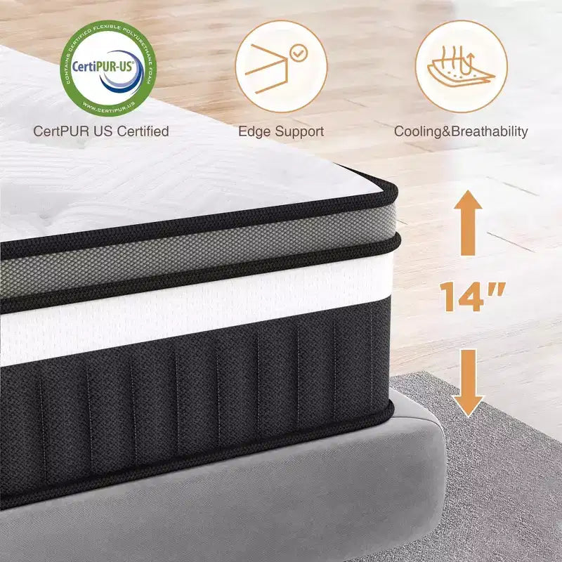 Matelas hybride 14 po King en boîte, mousse mémoire de gel et ressorts ensachés, fermeté moyenne, lit rafraîchissant pour dormeurs latéraux