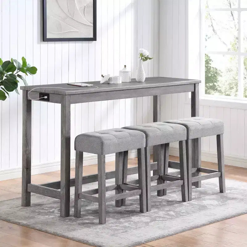 Ensemble de table de bar industrielle 4 pièces sumyeg avec prise électrique, gris