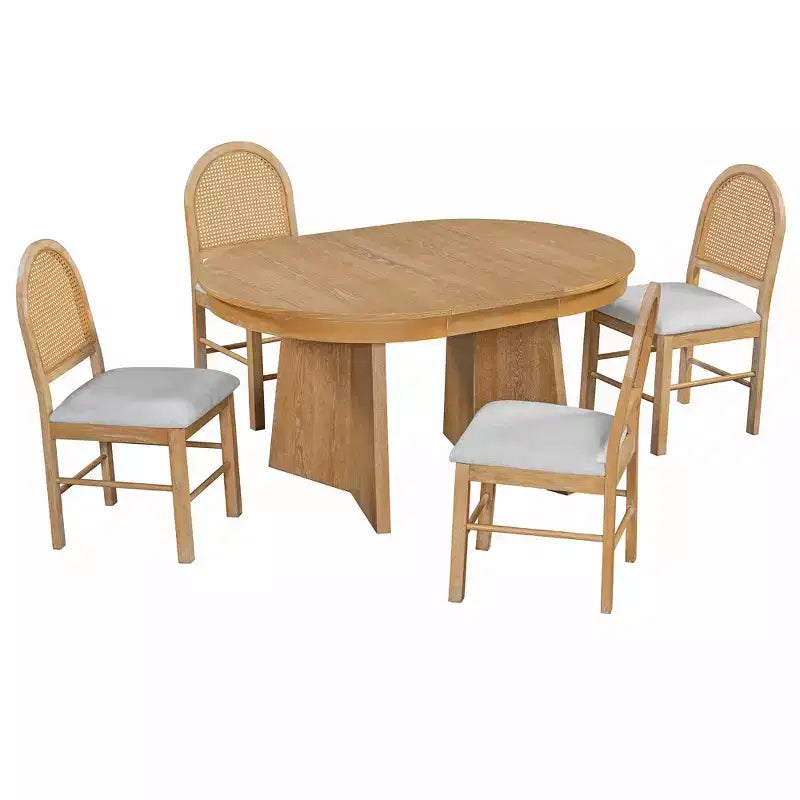Ensemble de salle à manger rond en rotin pour 4 personnes, ensemble de salle à manger extensible avec 4 chaises rembourrées, ensemble table et chaises de cuisine pour petit espace, finition bois naturel