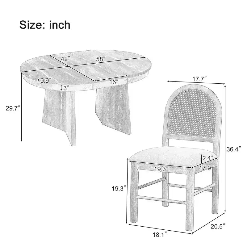 Ensemble de salle à manger rond en rotin pour 4 personnes, ensemble de salle à manger extensible avec 4 chaises rembourrées, ensemble table et chaises de cuisine pour petit espace, finition bois naturel