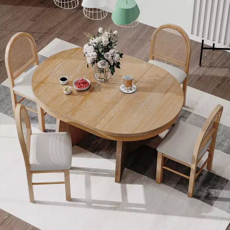 Ensemble de salle à manger rond en rotin pour 4 personnes, ensemble de salle à manger extensible avec 4 chaises rembourrées, ensemble table et chaises de cuisine pour petit espace, finition bois naturel