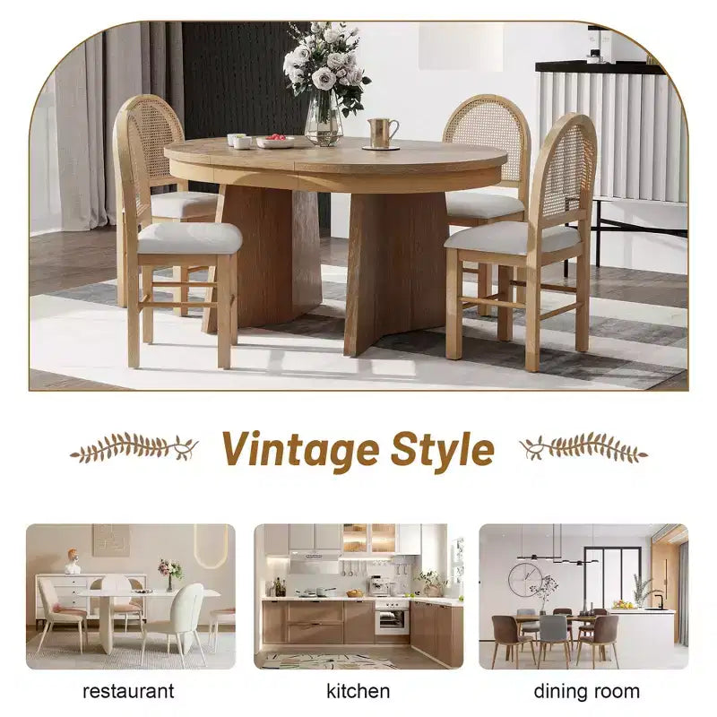 Ensemble de salle à manger rond en rotin pour 4 personnes, ensemble de salle à manger extensible avec 4 chaises rembourrées, ensemble table et chaises de cuisine pour petit espace, finition bois naturel