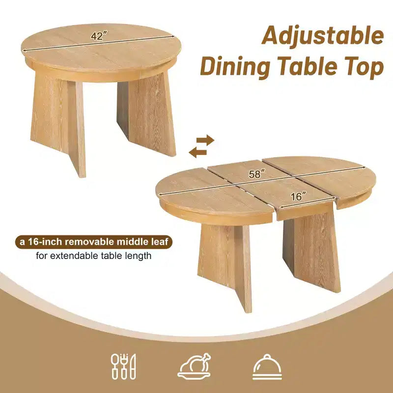 Ensemble de salle à manger rond en rotin pour 4 personnes, ensemble de salle à manger extensible avec 4 chaises rembourrées, ensemble table et chaises de cuisine pour petit espace, finition bois naturel