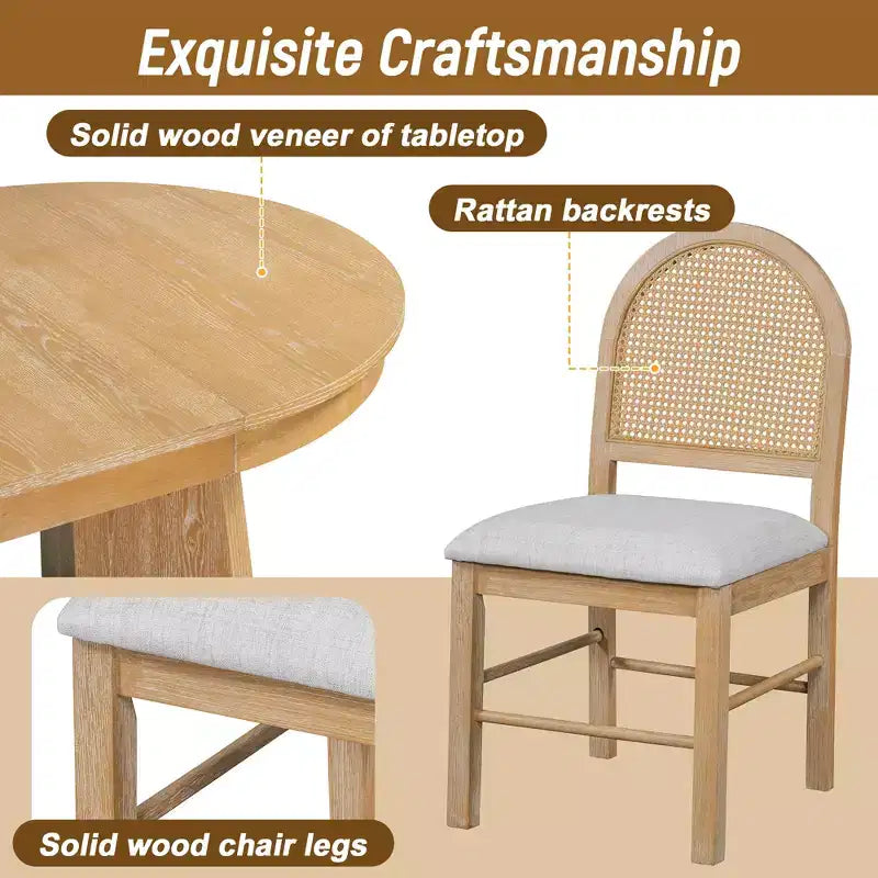 Ensemble de salle à manger rond en rotin pour 4 personnes, ensemble de salle à manger extensible avec 4 chaises rembourrées, ensemble table et chaises de cuisine pour petit espace, finition bois naturel