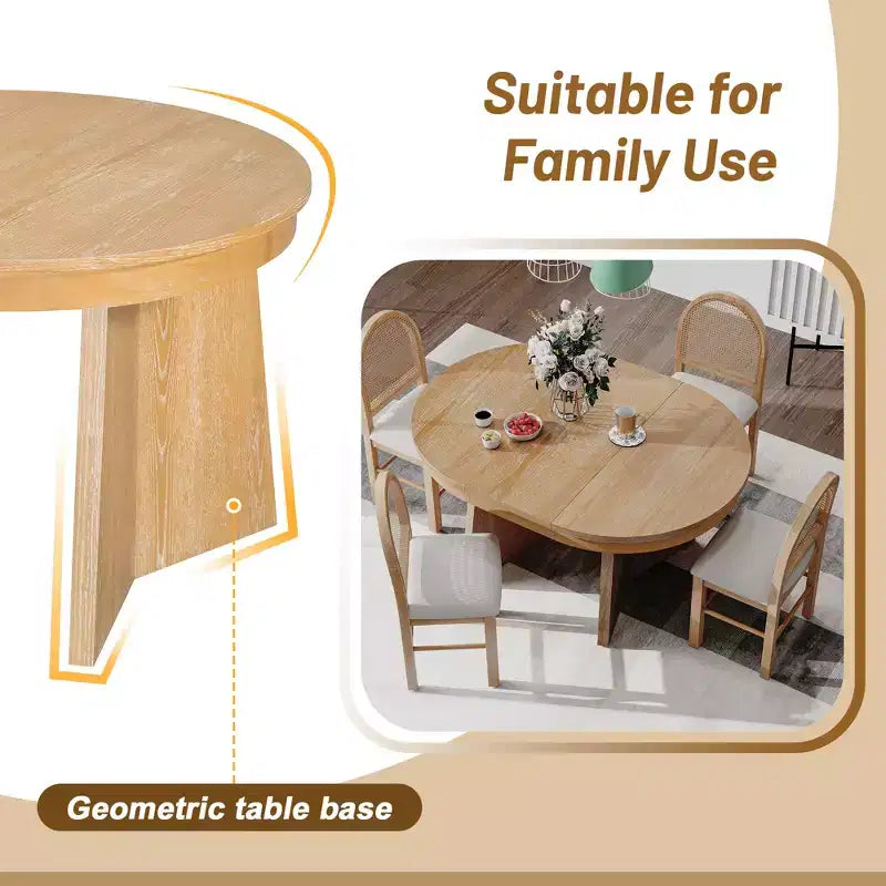 Ensemble de salle à manger rond en rotin pour 4 personnes, ensemble de salle à manger extensible avec 4 chaises rembourrées, ensemble table et chaises de cuisine pour petit espace, finition bois naturel
