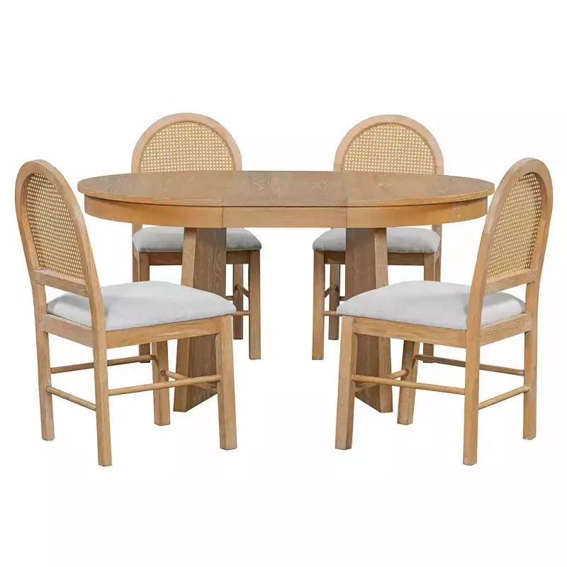 Ensemble de salle à manger rond en rotin pour 4 personnes, ensemble de salle à manger extensible avec 4 chaises rembourrées, ensemble table et chaises de cuisine pour petit espace, finition bois naturel