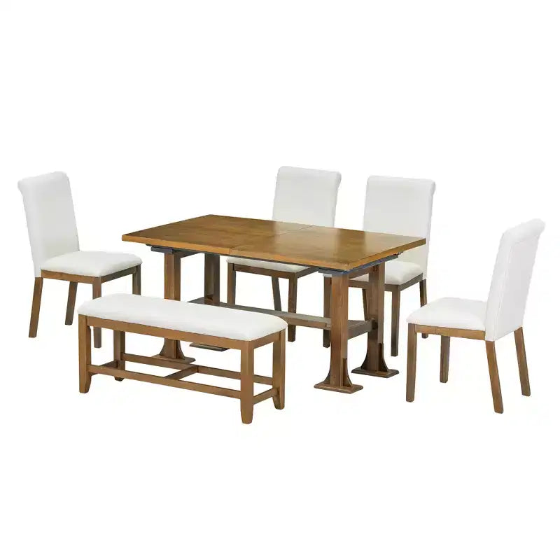 Ensemble de salle à manger 6 pièces avec banc pour 6, ensemble de table de cuisine avec tiroir de rangement et 4 chaises de salle à manger rembourrées