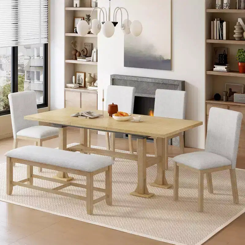 Ensemble de salle à manger 6 pièces avec banc pour 6, ensemble de table de cuisine avec tiroir de rangement et 4 chaises de salle à manger rembourrées
