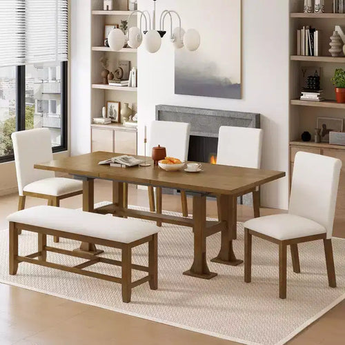 Ensemble de salle à manger 6 pièces avec banc pour 6, ensemble de table de cuisine avec tiroir de rangement et 4 chaises de salle à manger rembourrées