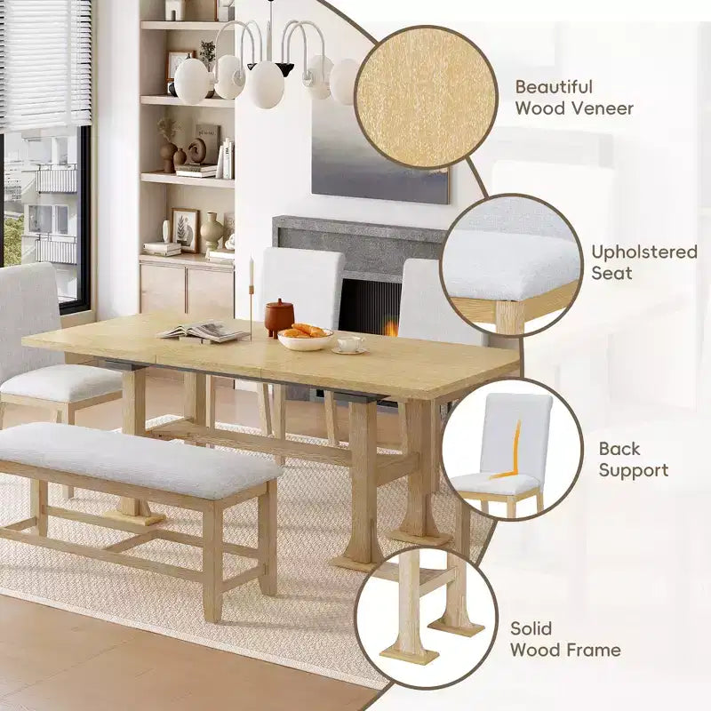 Ensemble de salle à manger 6 pièces avec banc pour 6, ensemble de table de cuisine avec tiroir de rangement et 4 chaises de salle à manger rembourrées