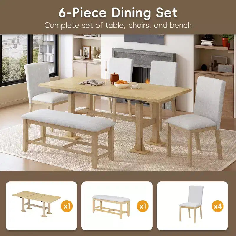 Ensemble de salle à manger 6 pièces avec banc pour 6, ensemble de table de cuisine avec tiroir de rangement et 4 chaises de salle à manger rembourrées