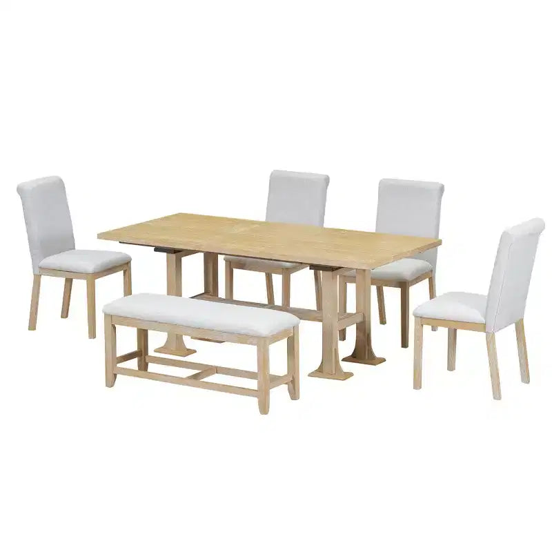 Ensemble de salle à manger 6 pièces avec banc pour 6, ensemble de table de cuisine avec tiroir de rangement et 4 chaises de salle à manger rembourrées
