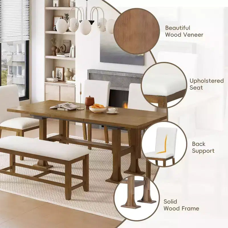 Ensemble de salle à manger 6 pièces avec banc pour 6, ensemble de table de cuisine avec tiroir de rangement et 4 chaises de salle à manger rembourrées