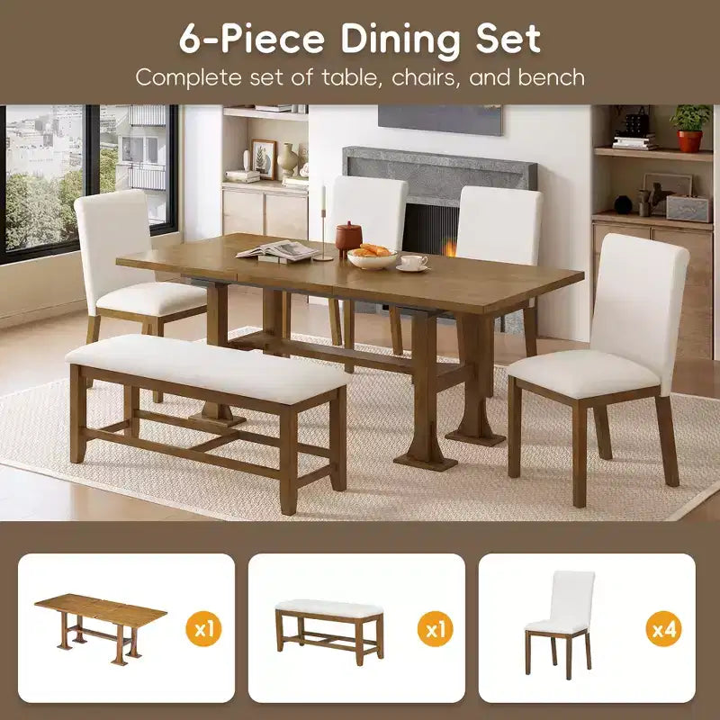 Ensemble de salle à manger 6 pièces avec banc pour 6, ensemble de table de cuisine avec tiroir de rangement et 4 chaises de salle à manger rembourrées