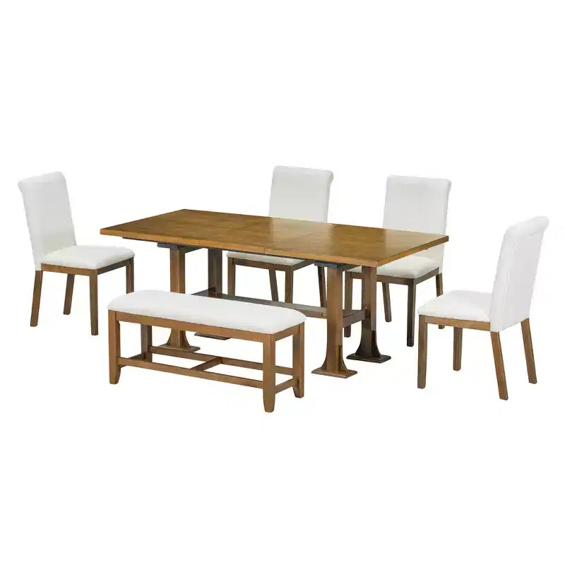Ensemble de salle à manger 6 pièces avec banc pour 6, ensemble de table de cuisine avec tiroir de rangement et 4 chaises de salle à manger rembourrées