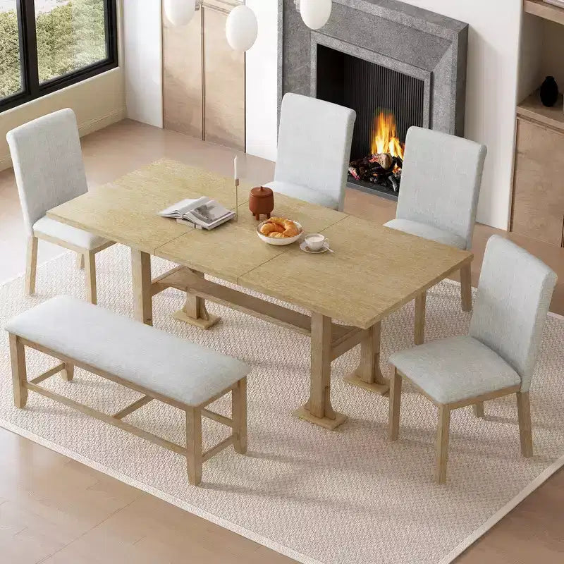 Ensemble de salle à manger 6 pièces avec banc pour 6, ensemble de table de cuisine avec tiroir de rangement et 4 chaises de salle à manger rembourrées