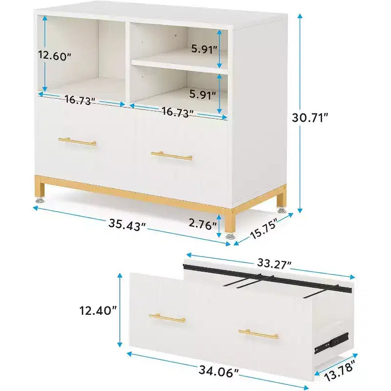 Classeur latéral avec tiroir, blanc et or, support d'imprimante pour bureau à domicile