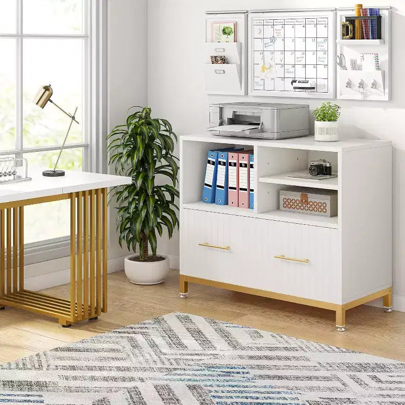 Classeur latéral avec tiroir, blanc et or, support d'imprimante pour bureau à domicile
