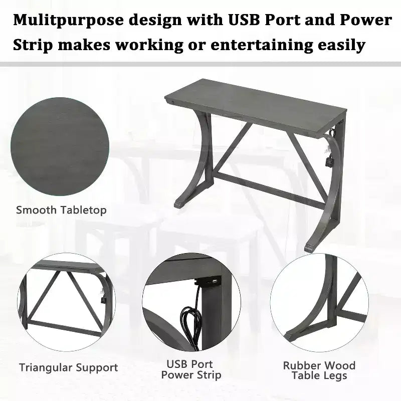 Ensemble de table à manger de hauteur comptoir 3 pièces de style rustique pour 2 personnes, table de bar console en bois avec port USB et tabourets rembourrés pour petit espace
