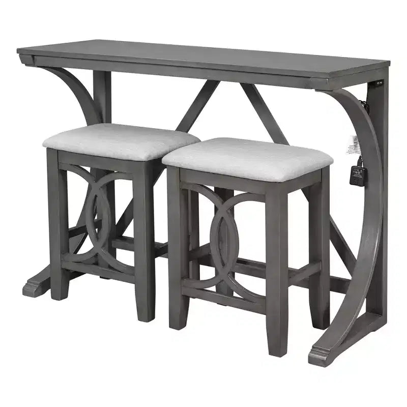 Ensemble de table à manger de hauteur comptoir 3 pièces de style rustique pour 2 personnes, table de bar console en bois avec port USB et tabourets rembourrés pour petit espace
