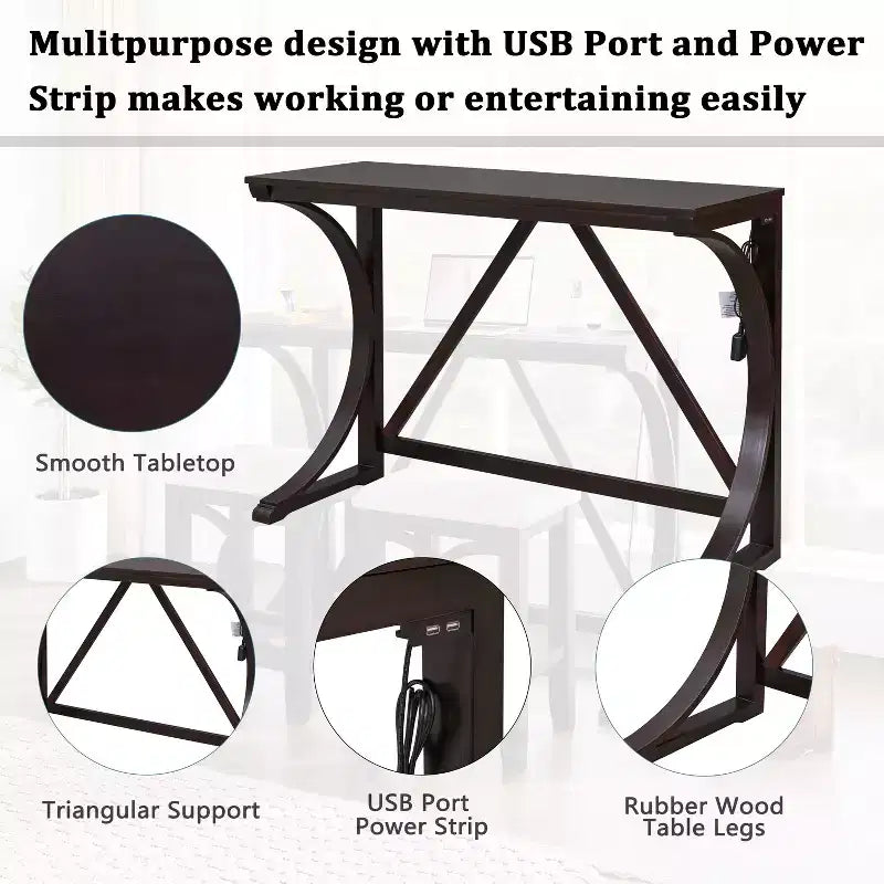 Ensemble de table à manger de hauteur comptoir 3 pièces de style rustique pour 2 personnes, table de bar console en bois avec port USB et tabourets rembourrés pour petit espace