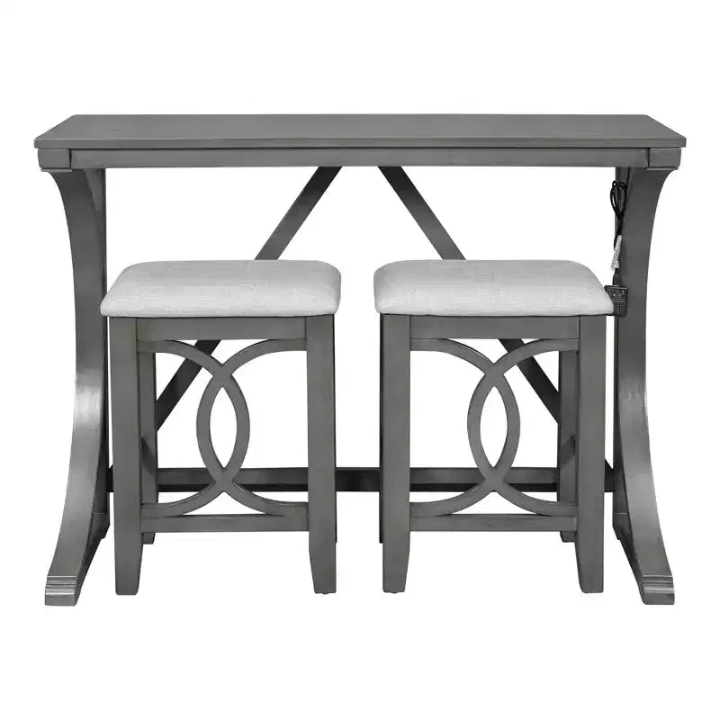 Ensemble de table à manger de hauteur comptoir 3 pièces de style rustique pour 2 personnes, table de bar console en bois avec port USB et tabourets rembourrés pour petit espace