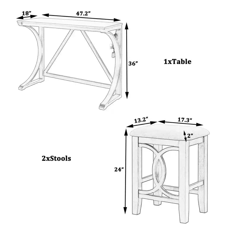 Ensemble de table à manger de hauteur comptoir 3 pièces de style rustique pour 2 personnes, table de bar console en bois avec port USB et tabourets rembourrés pour petit espace