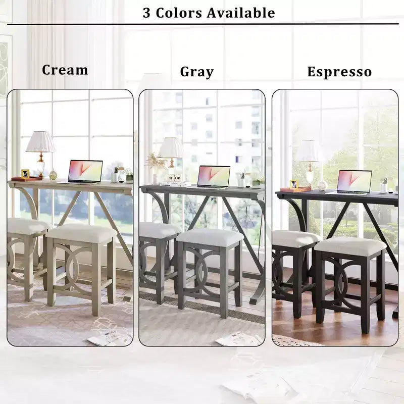 Ensemble de table à manger de hauteur comptoir 3 pièces de style rustique pour 2 personnes, table de bar console en bois avec port USB et tabourets rembourrés pour petit espace