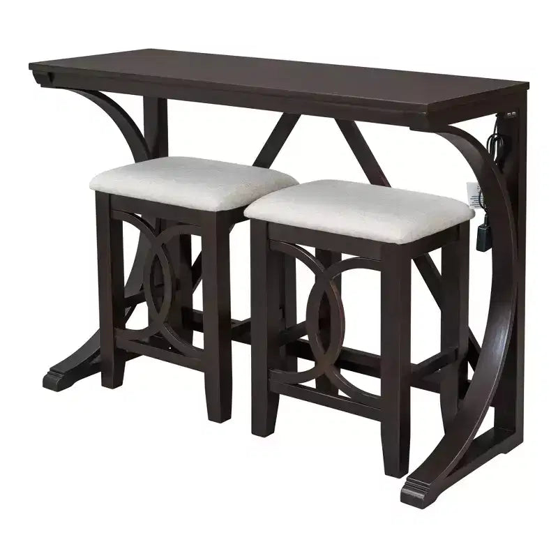 Ensemble de table à manger de hauteur comptoir 3 pièces de style rustique pour 2 personnes, table de bar console en bois avec port USB et tabourets rembourrés pour petit espace