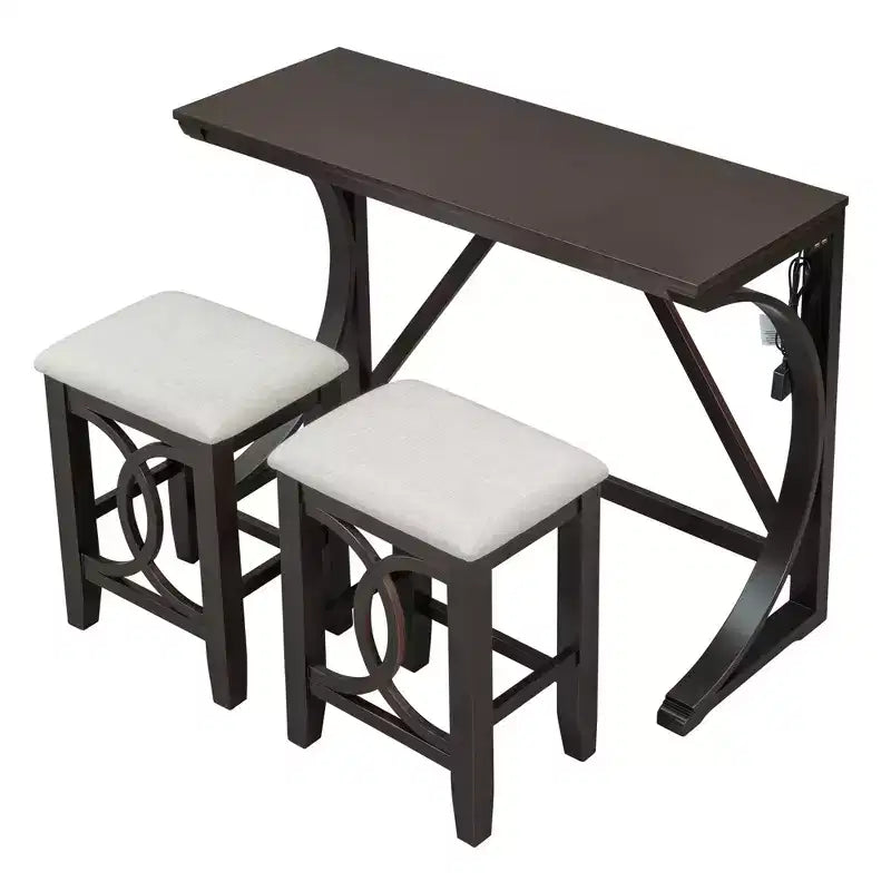 Ensemble de table à manger de hauteur comptoir 3 pièces de style rustique pour 2 personnes, table de bar console en bois avec port USB et tabourets rembourrés pour petit espace