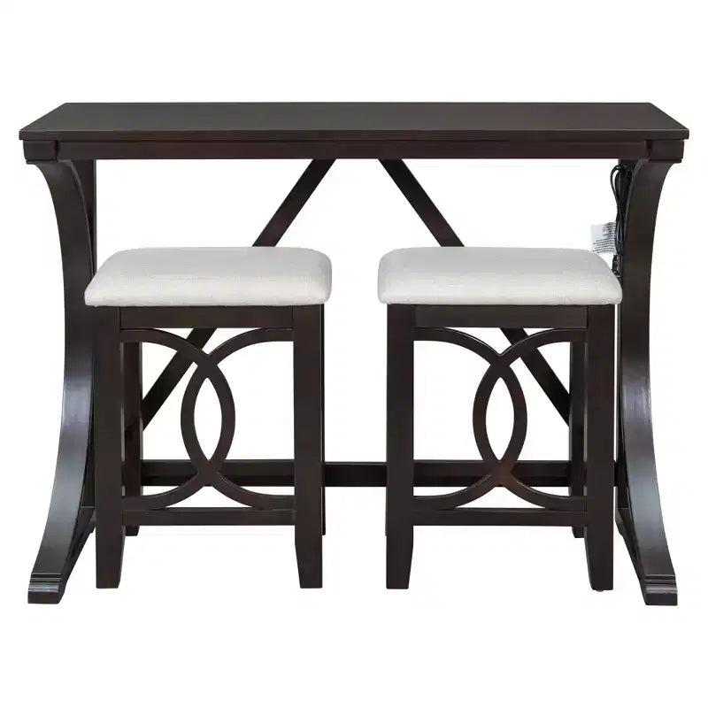 Ensemble de table à manger de hauteur comptoir 3 pièces de style rustique pour 2 personnes, table de bar console en bois avec port USB et tabourets rembourrés pour petit espace