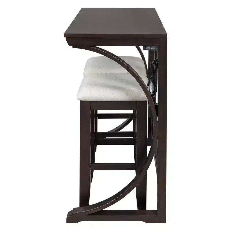 Ensemble de table à manger de hauteur comptoir 3 pièces de style rustique pour 2 personnes, table de bar console en bois avec port USB et tabourets rembourrés pour petit espace
