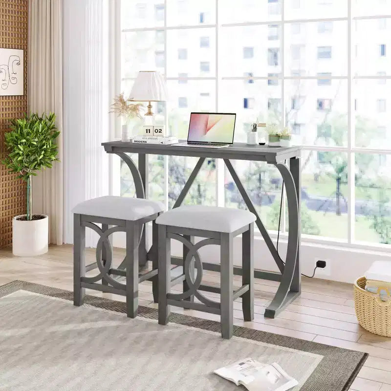 Ensemble de table à manger de hauteur comptoir 3 pièces de style rustique pour 2 personnes, table de bar console en bois avec port USB et tabourets rembourrés pour petit espace