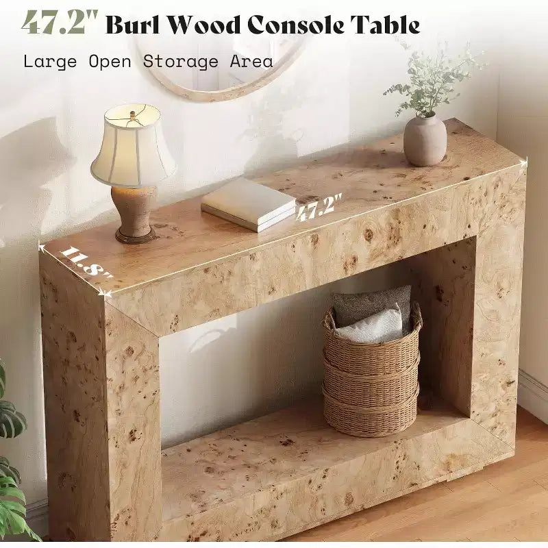 Console en bois de loupe avec rangement, table de canapé étroite pour l'entrée du salon, le couloir et le foyer