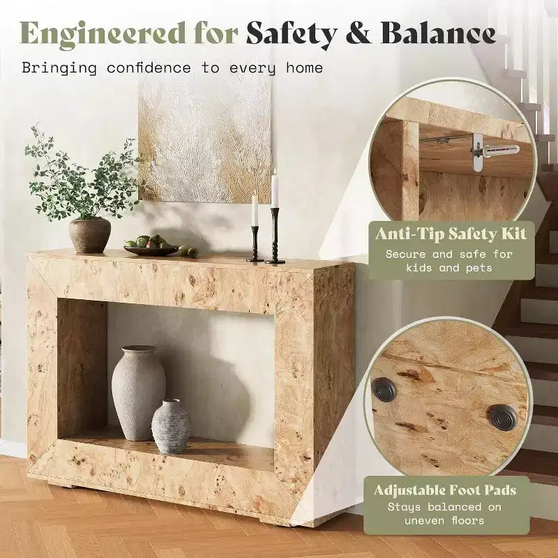 Console en bois de loupe avec rangement, table de canapé étroite pour l'entrée du salon, le couloir et le foyer
