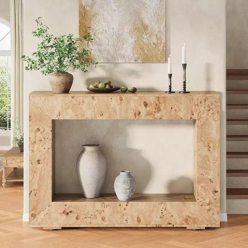 Console en bois de loupe avec rangement, table de canapé étroite pour l'entrée du salon, le couloir et le foyer