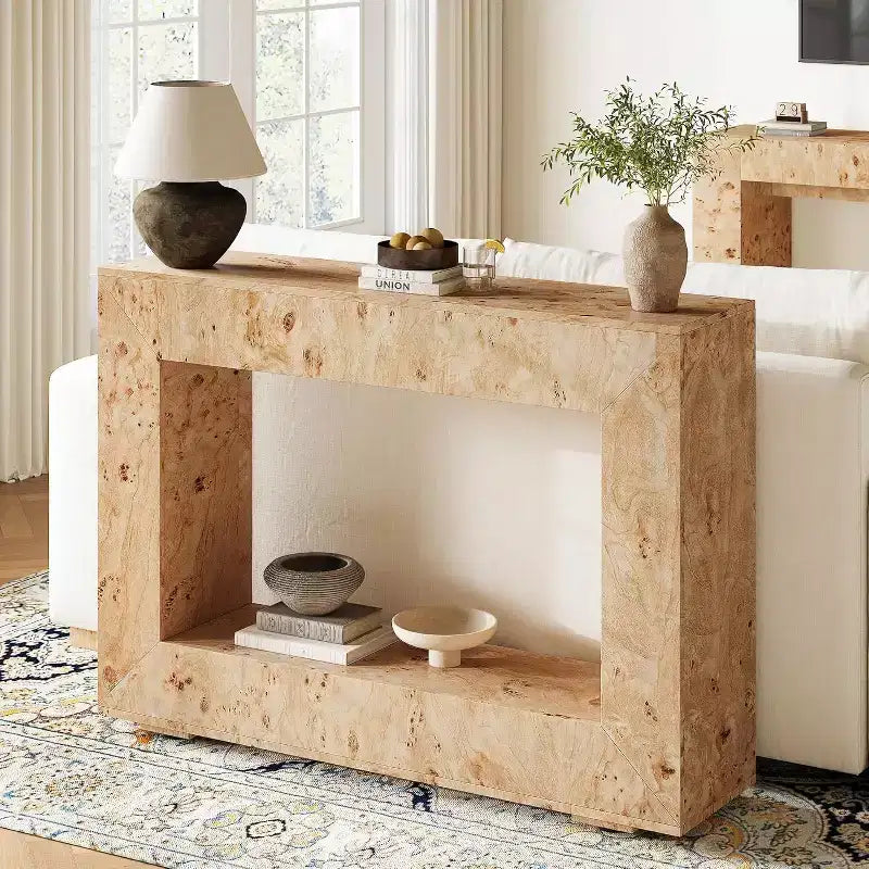 Console en bois de loupe avec rangement, table de canapé étroite pour l'entrée du salon, le couloir et le foyer