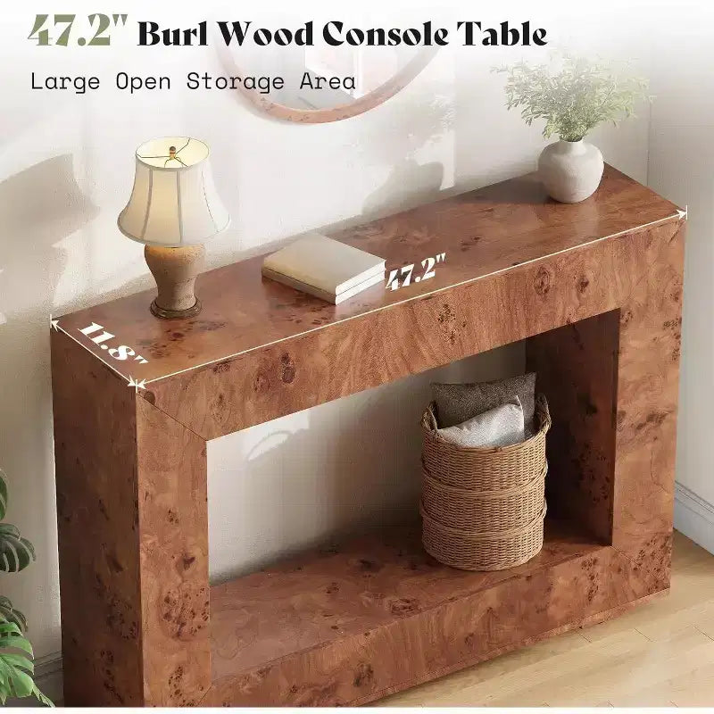 Console en bois de loupe avec rangement, table de canapé étroite pour l'entrée du salon, le couloir et le foyer