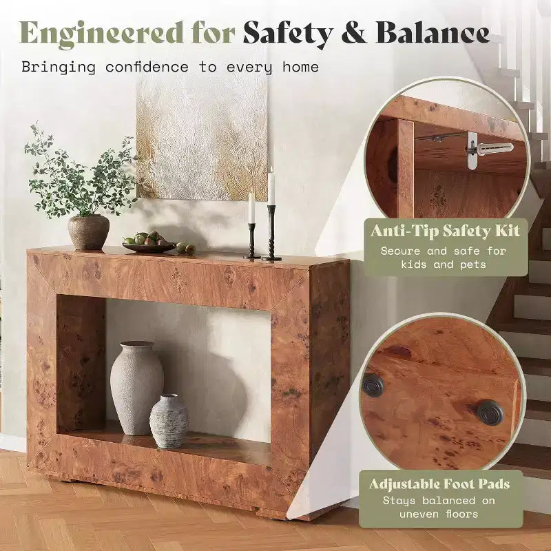 Console en bois de loupe avec rangement, table de canapé étroite pour l'entrée du salon, le couloir et le foyer