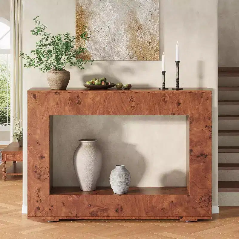 Console en bois de loupe avec rangement, table de canapé étroite pour l'entrée du salon, le couloir et le foyer